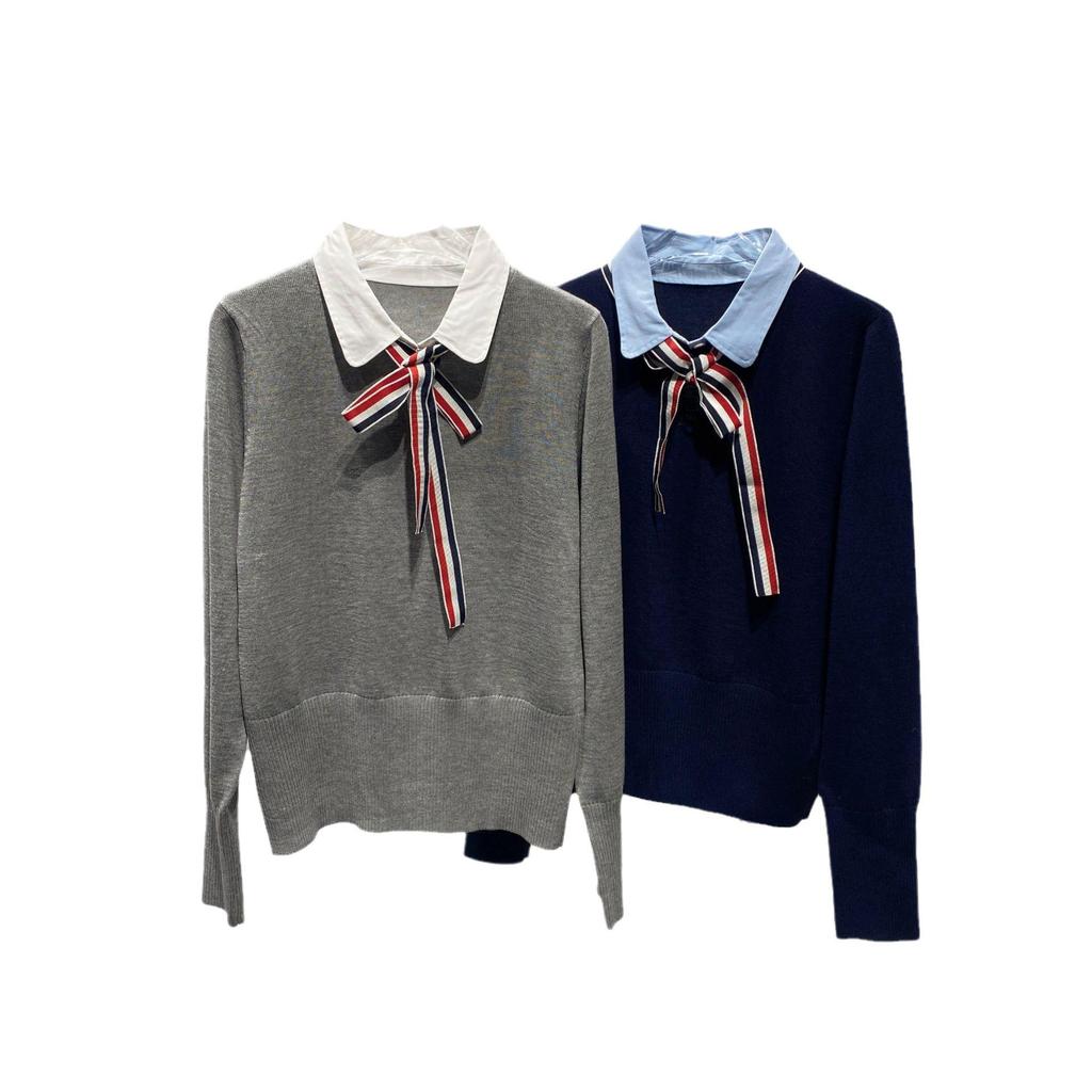 Preppy Two-Piece Bow Knit Sweater with Shirt Collar for Women