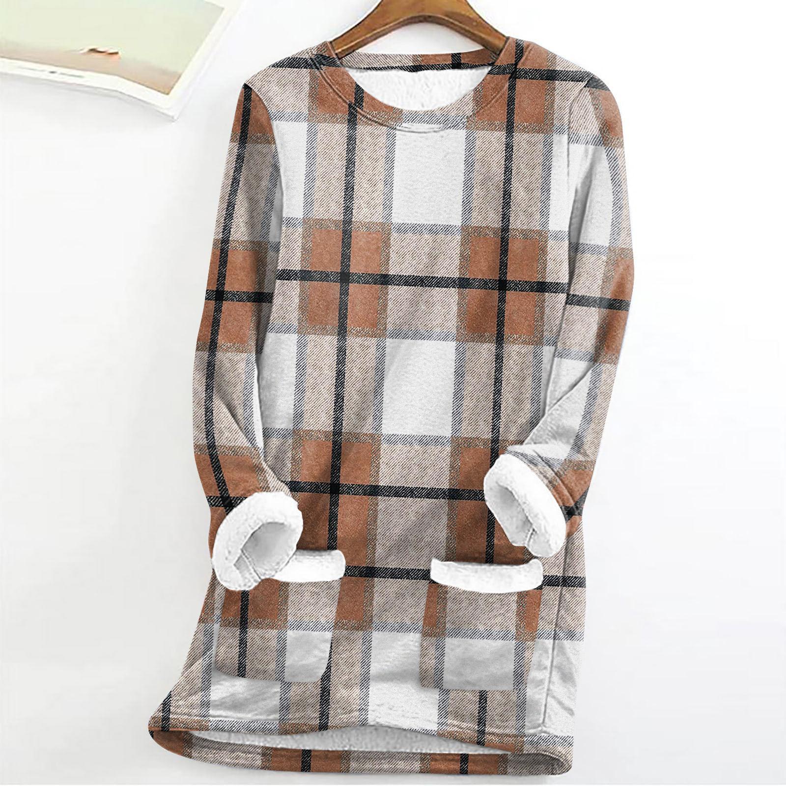 

Женский модный пуловер с круглым вырезом, длинными рукавами и плюшевой подкладкой, теплый, зимний, с принтом в клетку XXL хаки