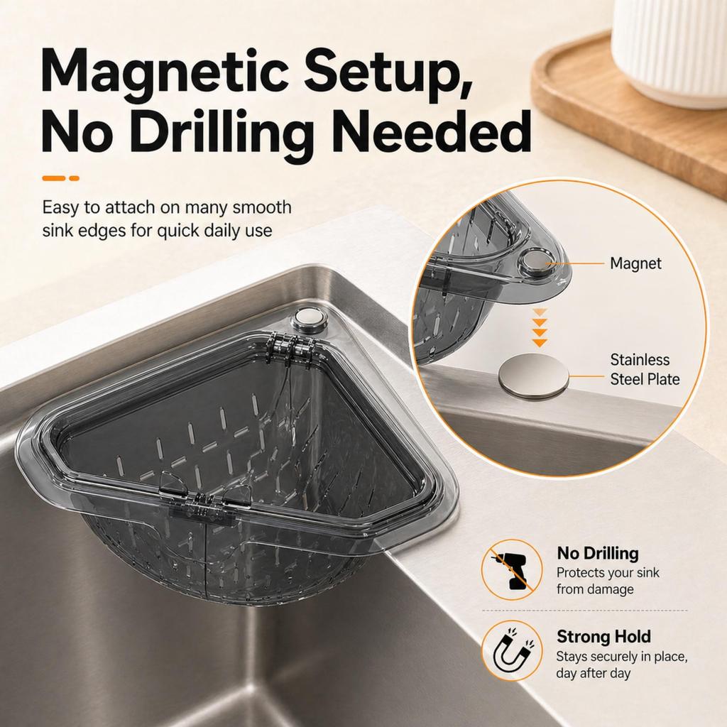 Magnetic Triangle Sink Strainer, Food Grade Corner Sink Strainer for Kitchen, Food Waste Catcher Basket for Sinks
