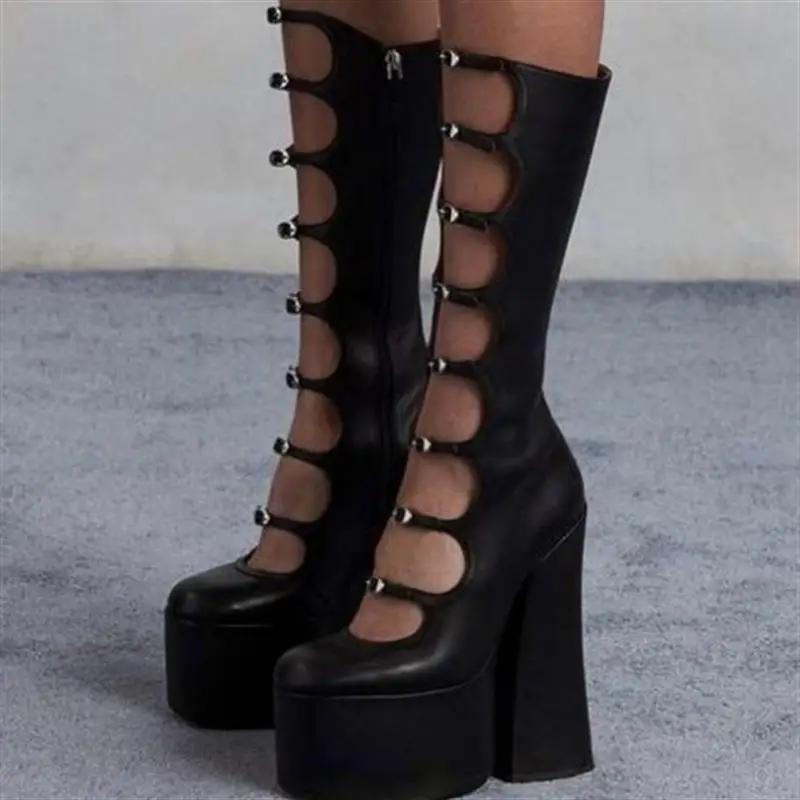 Stivali Alti Rosa con Laccetti e Plateau Donna Moda Raso Tacco Grosso Alto Cinturini Multi Fibbia Scarpe Donna Sexy Punk Al Ginocchio