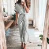 2026 Womens Elegant V-Neck Wrap Tie High-Waist Floral Print Long Dress Slim Fit Casual Office Wear