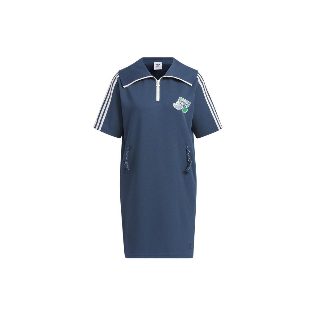 Adidas Originals Holiday Play Knit Dress With Stripes And Breathable Sport Collar Women Dress Navy IW6305