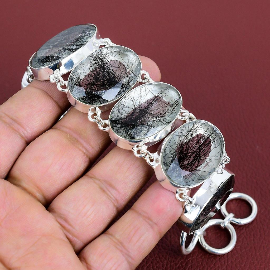 Faceted black rutile bracelet genuine gemstone bracelet handmade jewelry 925 sterling silver bracelet adjustable chain bracelet gift for mom