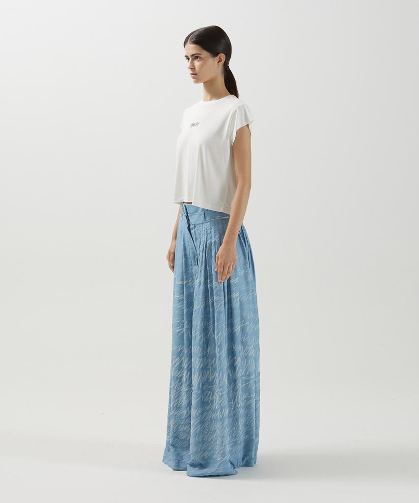 Meuameu Denim Stitch Layered Pin Tuck Slacks