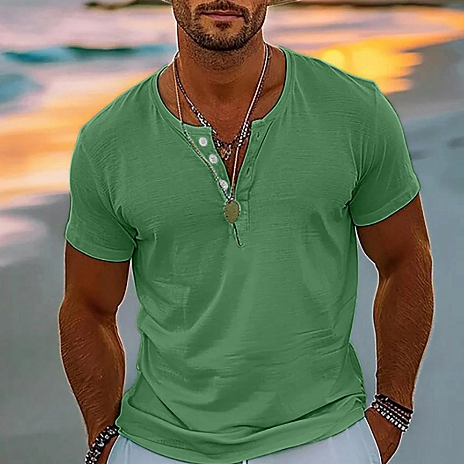 

Vintage Summer Men s T-Shirt Streetwear 3 Buttons Open Fly Loose Clothing Print Short Sleeve T-Shirt L зелений