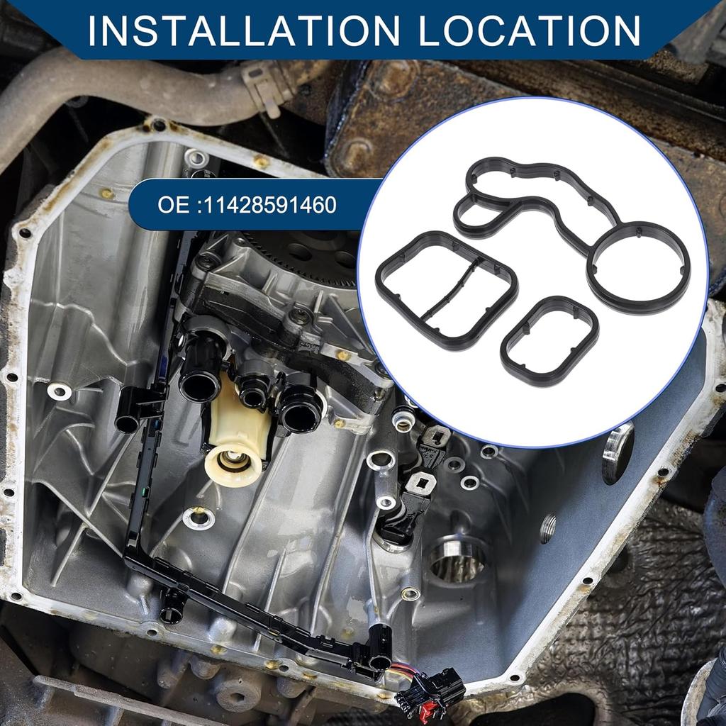No.11428591460 Transmission Oil Pan Gasket for BMW X1 2016-2020, for BMW X2 2018-2019/Engine Oil Filter Housing Gasket/Durable Rubber/3 Pcs/Black