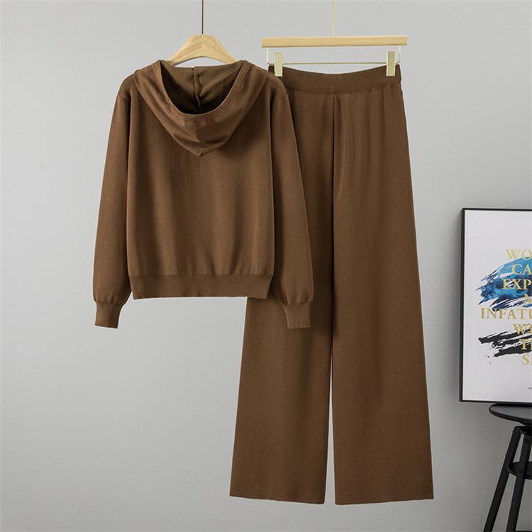 Women's Casual Knit Set: Hooded Zipper Jacket & Long Pants - Autumn/Winter Fashion