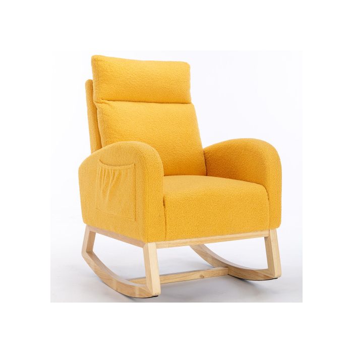 Fauteuil à bascule moderne du milieu du siècle, tissu ours en peluche, assise rembourrée, jaune