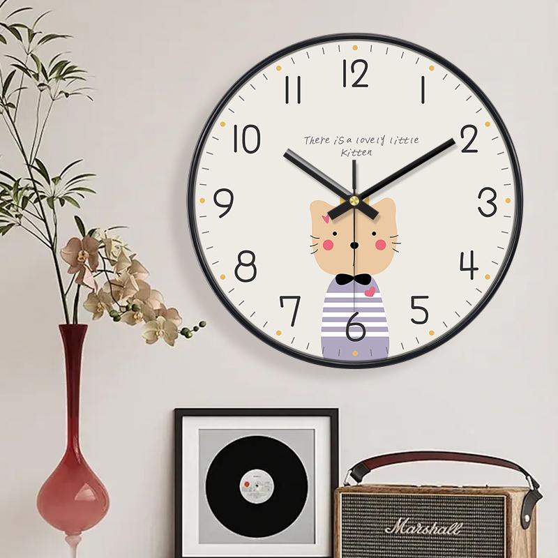 Cute Kitten Cartoon Wall Clock Minimalist Nursery Decor with Sweet Cat Design Silent Non-Ticking Easy To Read for Kids Bedroom