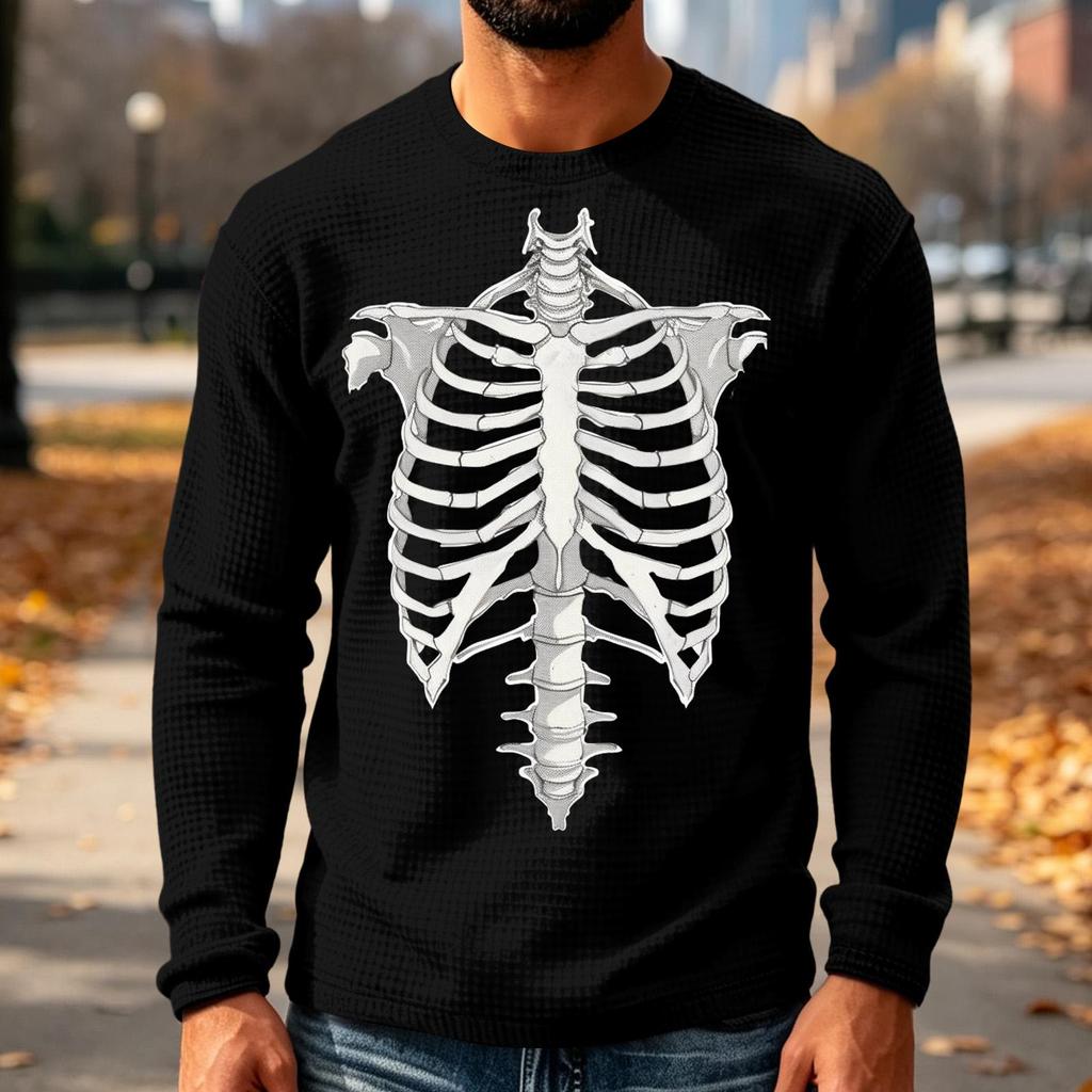 Men's Knit Long Sleeve Neck T-Shirt with Halloween Print Casual Top