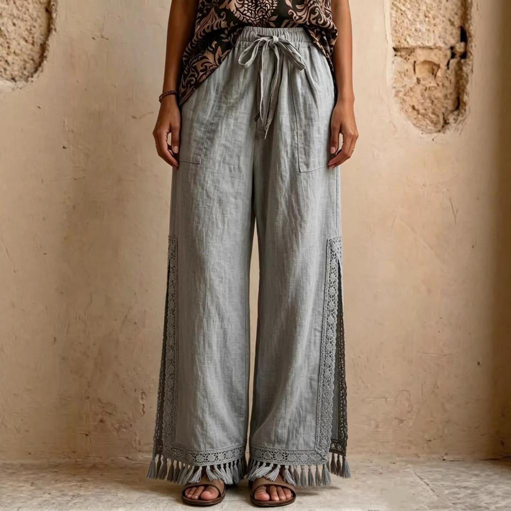 Damskie spodnie z szerokimi nogawkami i ściąganym w pasie Luźny krój Boho Palazzo Codzienne spodnie
