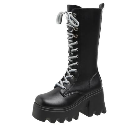 Winter Chunky Platform Leather Knee High Boots Women Retro Punk Height Increasing Long Boots Woman Lace Up Booties Mujer
