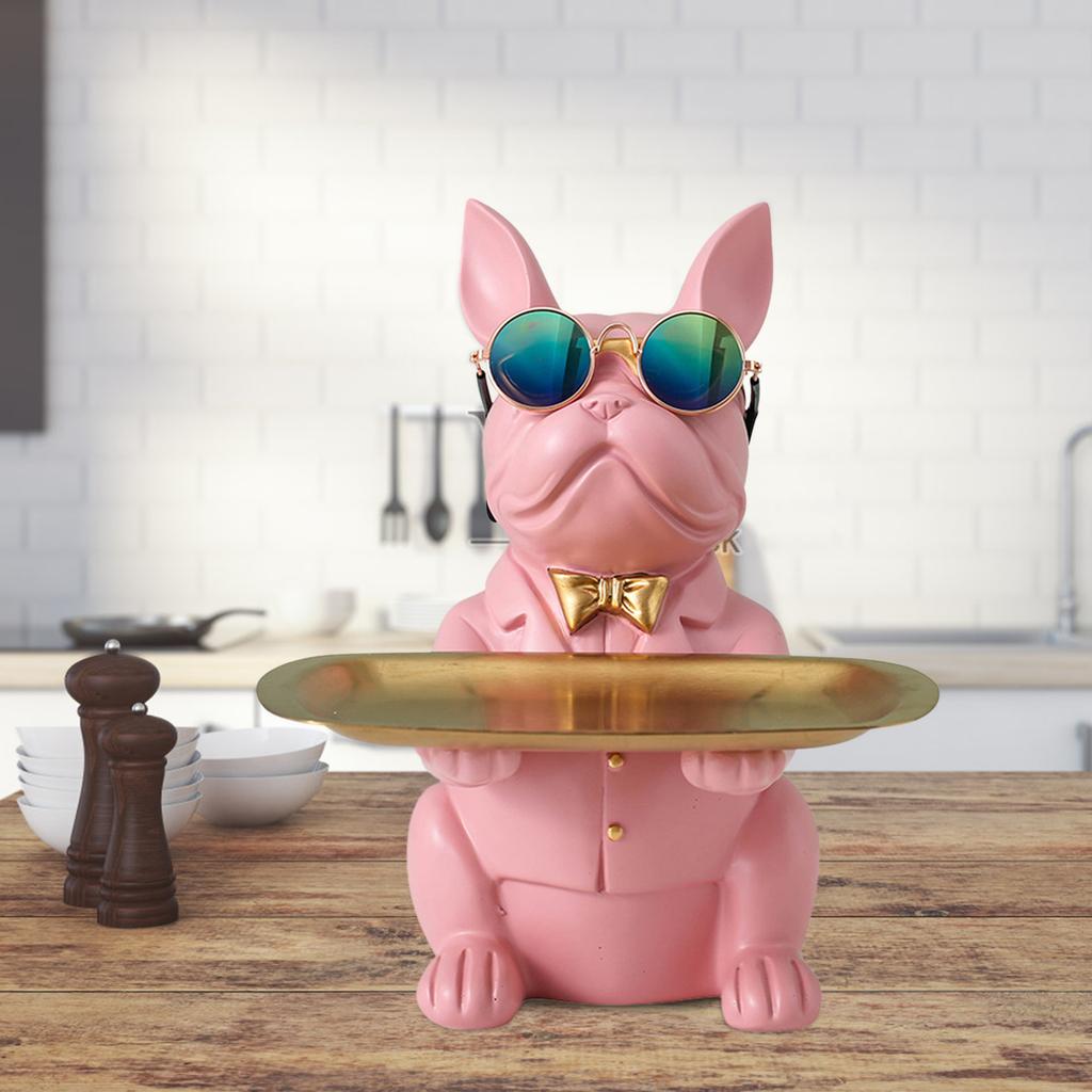 Bulldog Statue Key Holder Resin Modern Bulldog Candy Dish Key Holder Tray for Home Entryway Table Decor Pink