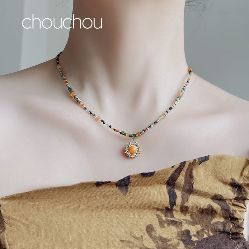 

Колье Чоучоу Женское Дуньхуан Натуральный Камень Нить из Бусин Ювелирные Изделия Национальный Стиль Цвет Дофаминовый Двойная Цепочка для Ключиц Лето Rizhao (natural stone)