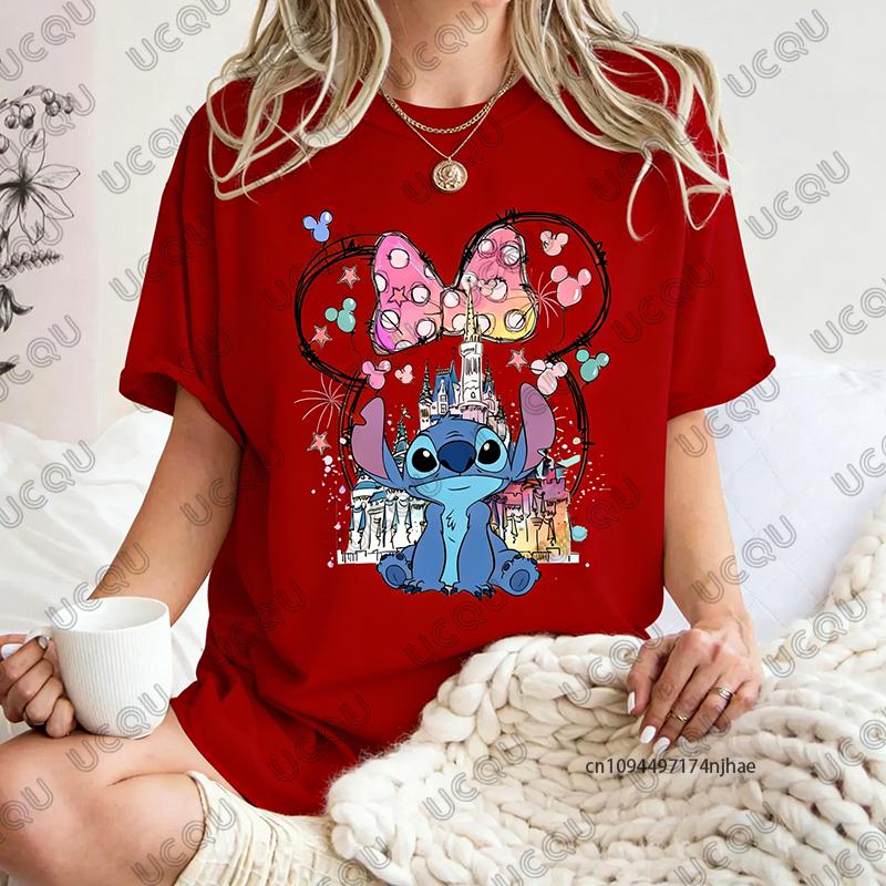 Summer New    Stitch Mickey Castle Magic Kingdom Print WoUnisex Cotton T Shirt Short Sleeve Tees Casual Couple Y2K Tops