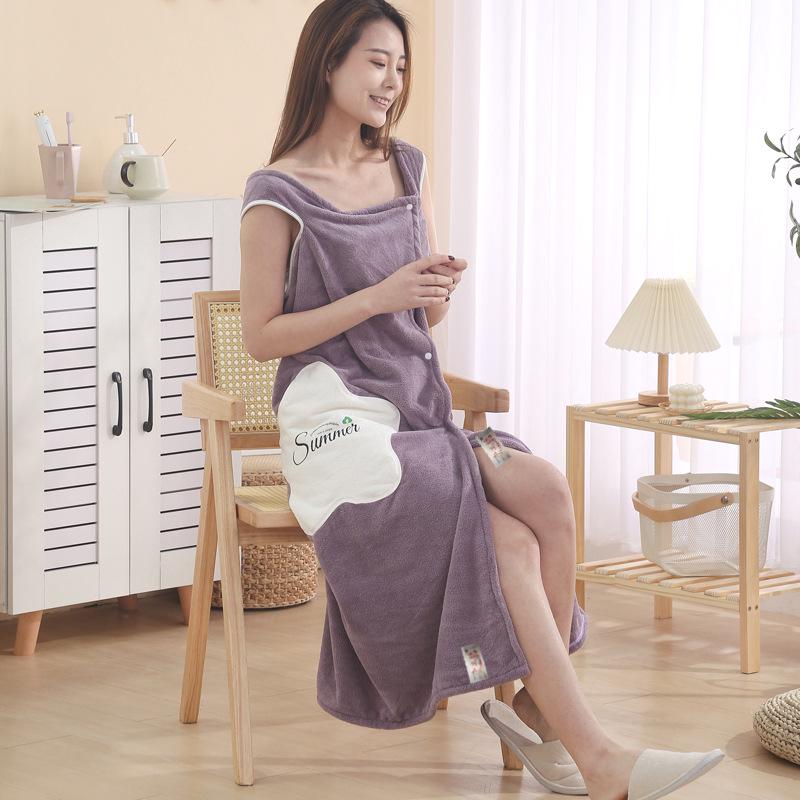 Women’s Quick-Dry Coral Fleece Bath Skirt with Pocket – Wearable, Absorbent, Strappy Bathrobe