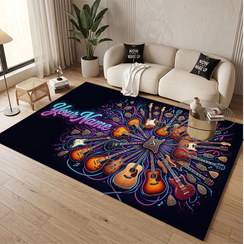 Music Guitar Theme Soft Crystal Velvet Rug Custom Name & Text Print Non Slip Floor Rug for Bedroom Living Room