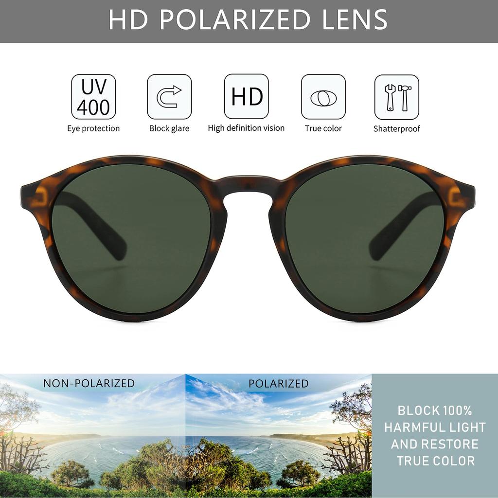 SUNGAIT Sunglasses Classic Vintage Round Polarized Retro Style UV400 Amber Frame Green Lens SGT166HUPOKMOLV Women's