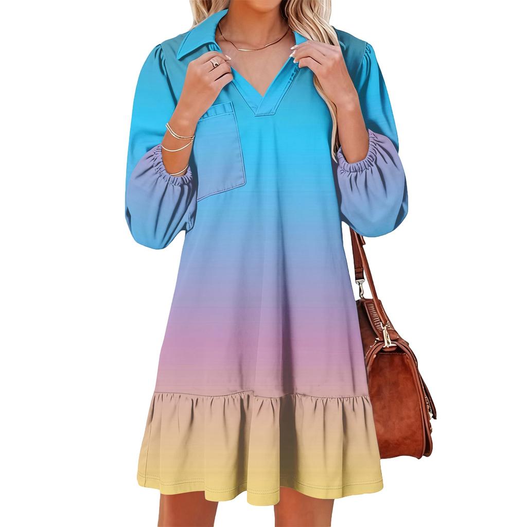 Women's Fashion Elegant Autmn And Winter Long Sleeve V,Neck Christmas Print Dress