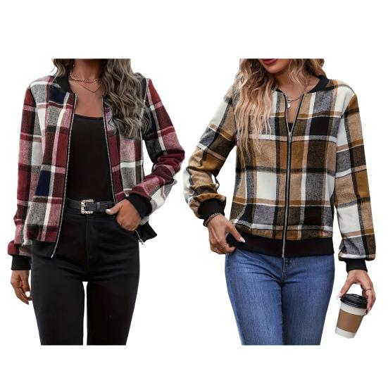 Women Jacket Stand Collar Long Sleeve Zipper Closure Short Jacket Plaid Print Ribbed Hem Cuff Casual Coat Daily Wear