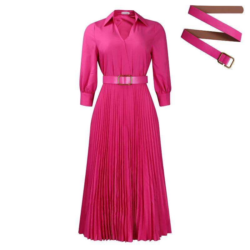 Women's new fashion lapel long-sleeved high-waisted temperament pleated solid color dress