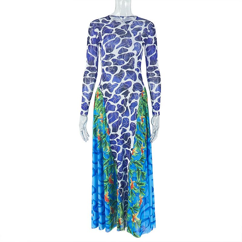 Women Abstract Printed Mesh Sheer Maxi Dress High Neck Long Sleeve Bodycon Dress Elegant Daily Party Dress Factory Supply