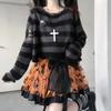 Striped Gothic Sweaters Women Ripped Holes Loose Knitted Pullover Frayed Fairy Grunge Jumpers Streetwear Lolita