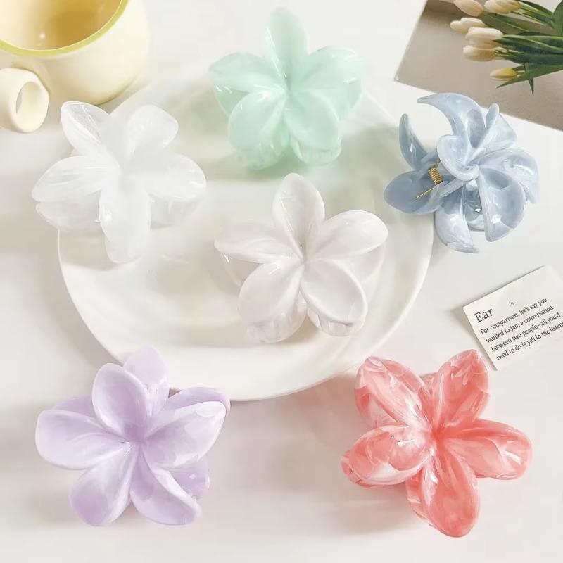 8cm Marble Pattern Frangipani Flower Hair Claw for Women Handmade Dyeing Design Acrylic Large Shark Clips Vacation Accessories