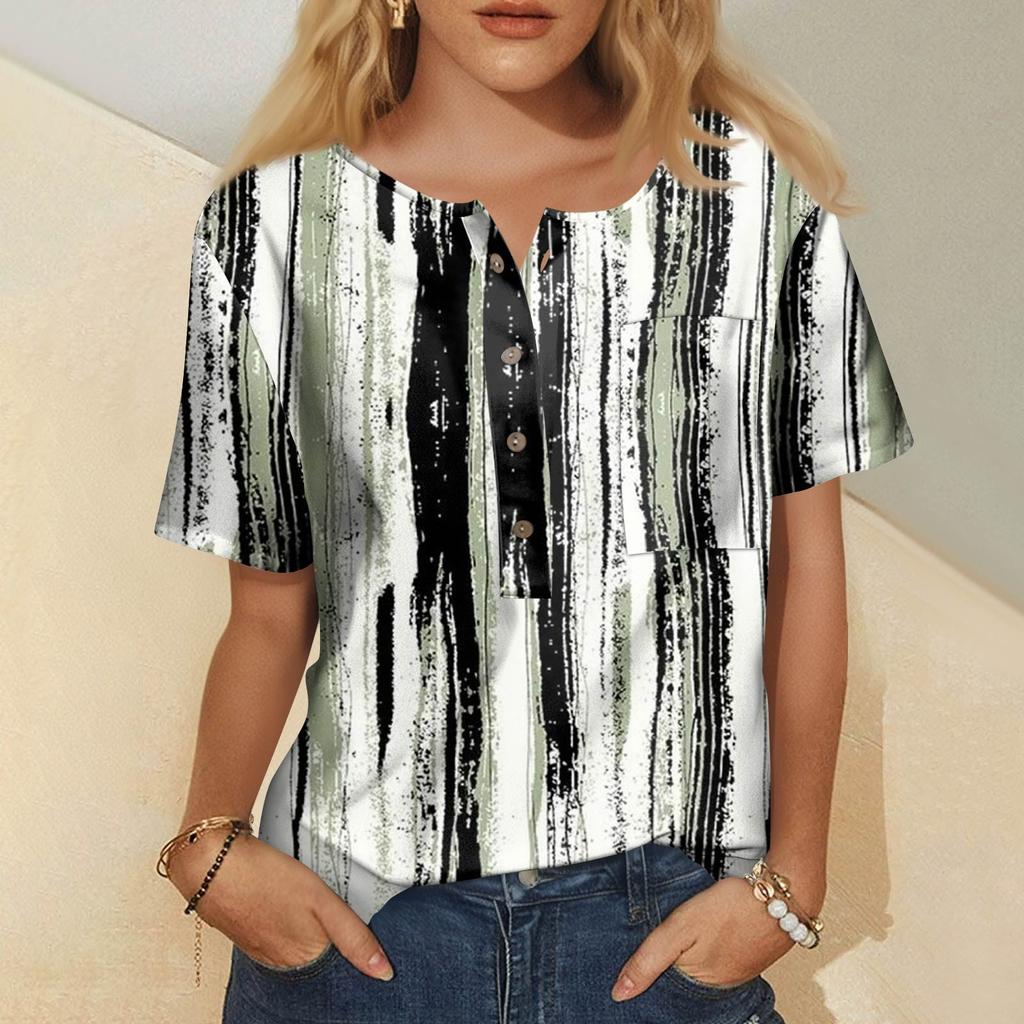 Women's Fashion Casual Short Sleeve Print Round Neck Pullover Top Blouse