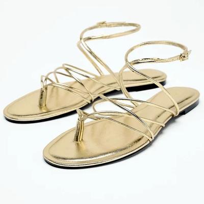 Summer Fashion Women Sandals Gold Narrow Strap Non-slip Ankle Strap  Female Flip Flops Casual Flats Beach Shoes Ladies