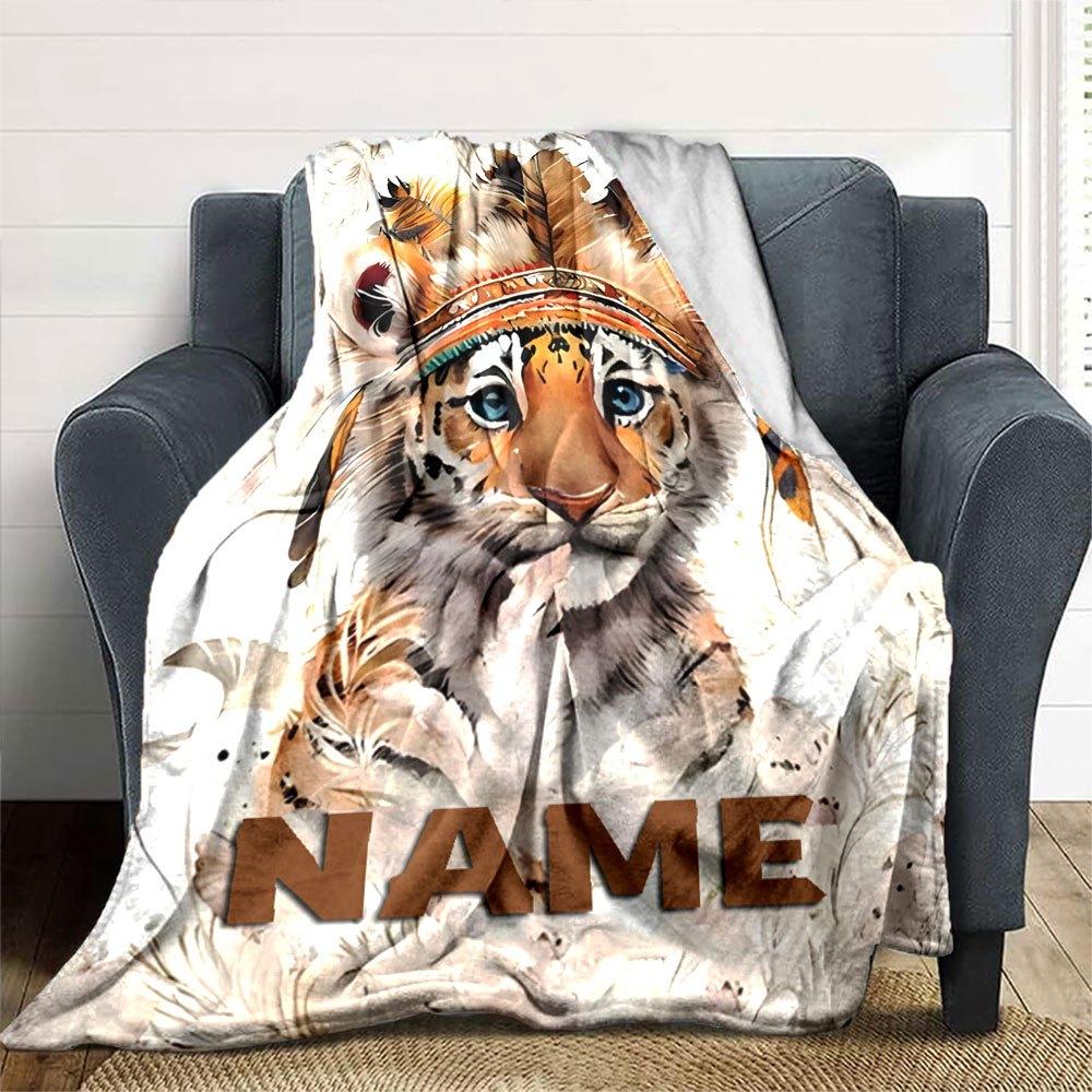 Tiger Cub Wearing A Feathered Headdress With The Word Below Multipurpose Personalized Blanket Personalized Name Warmthful Decor Suitable For Sofa