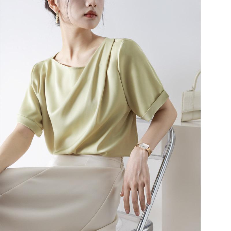 GMXIA Women's Short Sleeve Swing Neck T-Shirt Temperament Draped One Lapel Design Chiffon Blouse