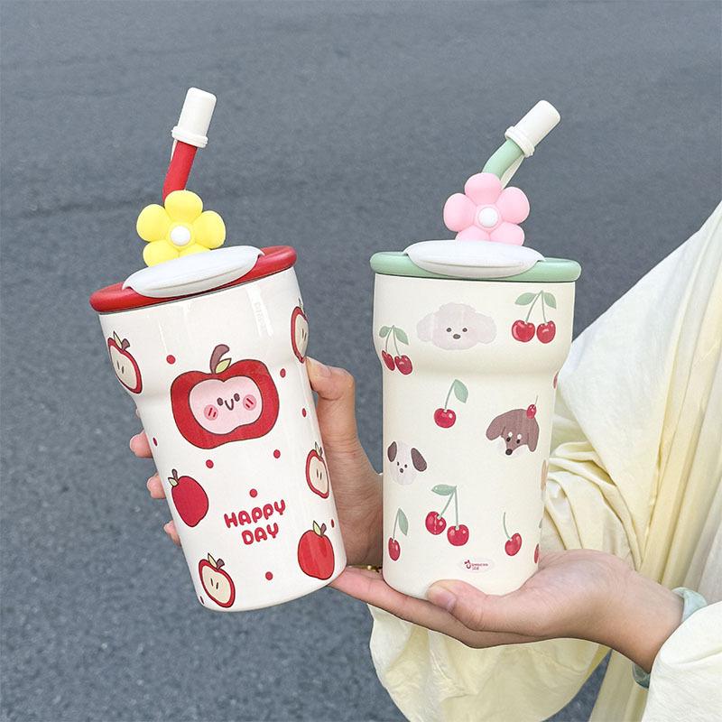 Straw Bingba Cup Cute Thermos Cup Girls High Value Student Cold Water Cup Cute Office Double Drink