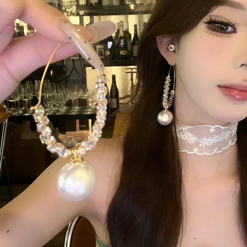 French Silver Needle Geometric Pearl Tassel Earrings - Luxurious Fashion Earrings with High-End Design