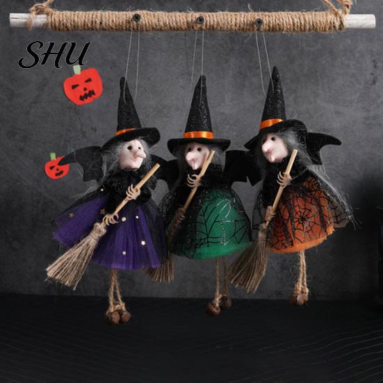 Halloween Witch Ornament Decoration Soft Cloth Gauze Skirt Mini Broom Stuffed Doll Hanging Festival Figurine Pendant Gift Idea