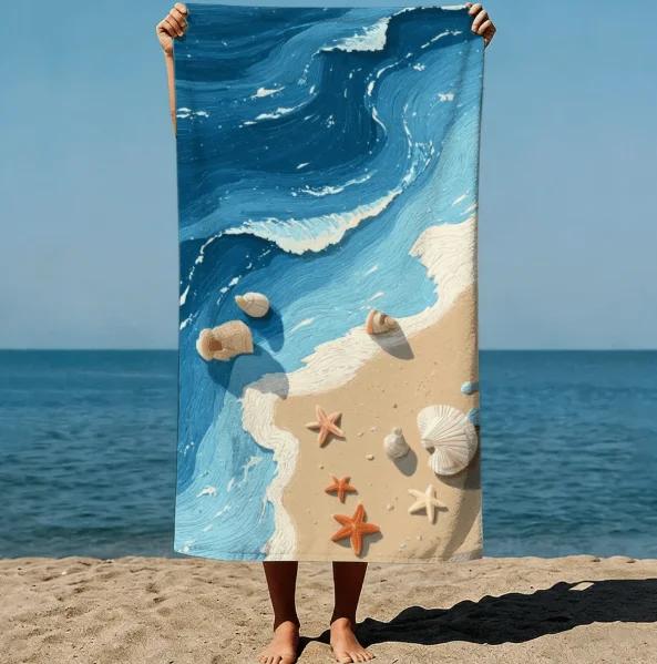 Single Pack Ultra-Fine Fiber Beach Towel With Wave Shell And Starfish Patterns Ultra-Fine Fiber Suitable For Beach And Pool Use
