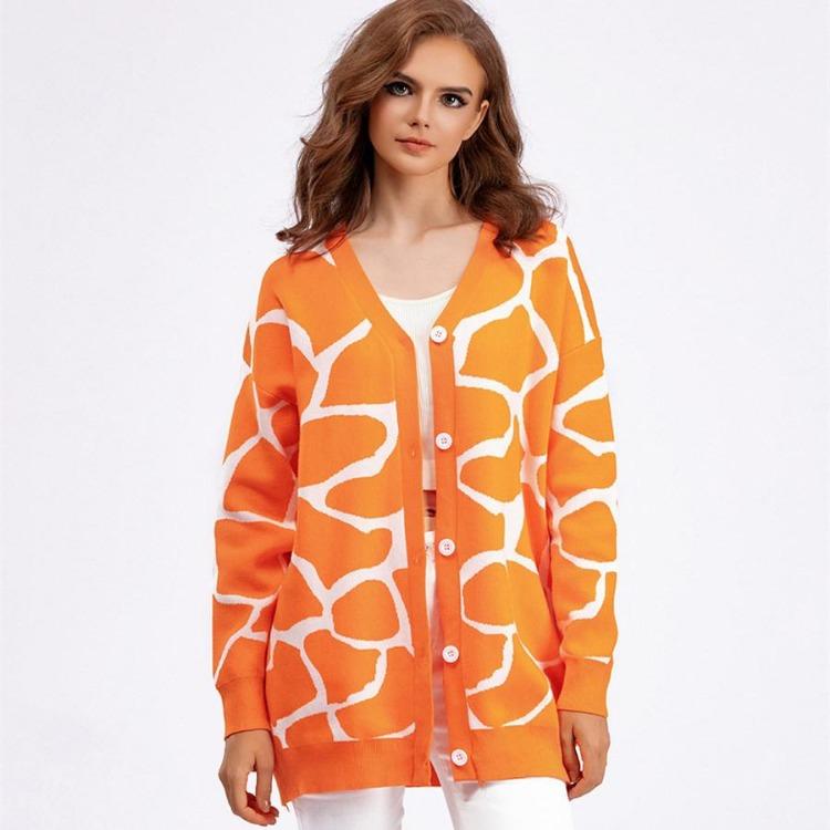 Autumn Winter Women Jacquard Sweater Loose Knit Coat V Neck Long Patterned