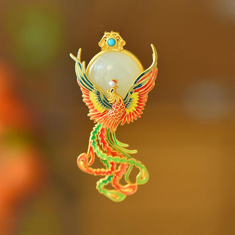 Colorful Enamel Phoenix Brooches for Women Natural Hotan Jade Broche Pendant Classical Court Style Luxury Brooch Jewelry