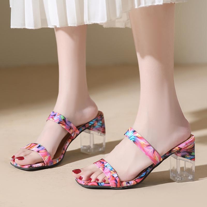 Fashion NEW Fashion Print Women Slippers Outside Transparent High Heels Slip On Sandals Women Summer Square Toe sandalias de mujer