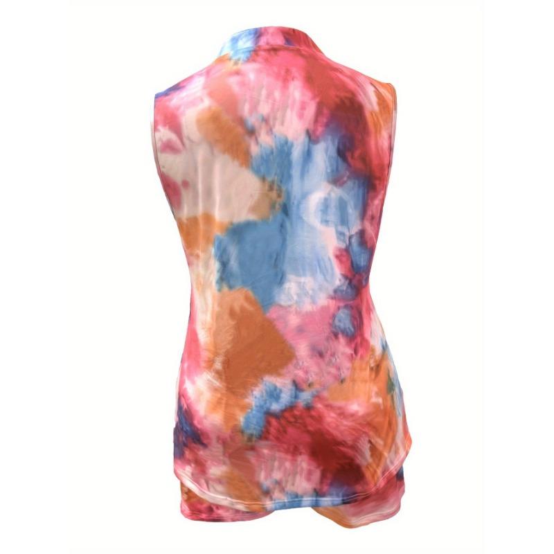 Women's Tie Dye 2 Piece Outfit, V Neck Sleeveless Top & Pocket Shorts Loungewear Set