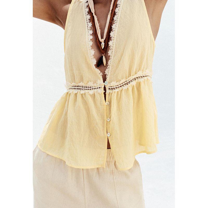 Summer Women's Single-Breasted Sleeveless V Neck Color Contrast Patchwork Lace Lace Trim Vest Tops 3666151