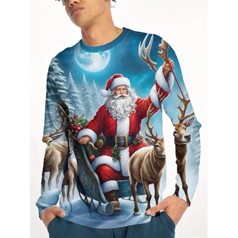 Autumn and Winter Men's Santa Claus 3D Printed Crew Neck Long Sleeve T-Shirt