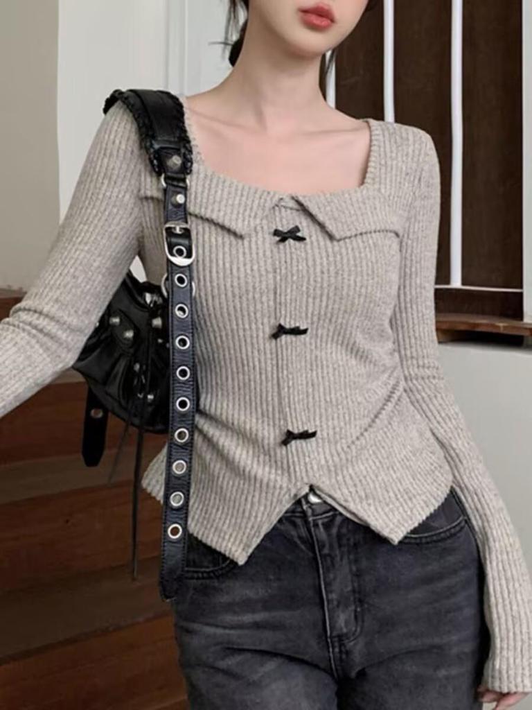 Korean Chic Long-Sleeved Knit Top for Women - Slimming Cropped Autumn/Winter Style