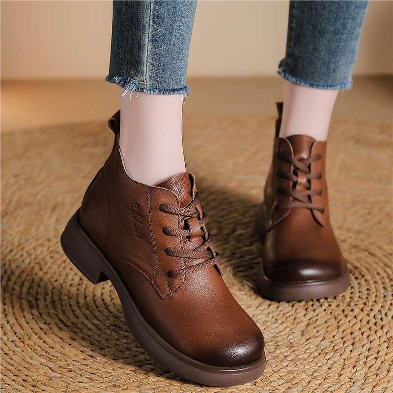 First Layer Cowhide Spring and Autumn Single Boots Retro British Style Martin Boots Versatile Round Head Leather Lace-up Thick Heel Short Boots Women