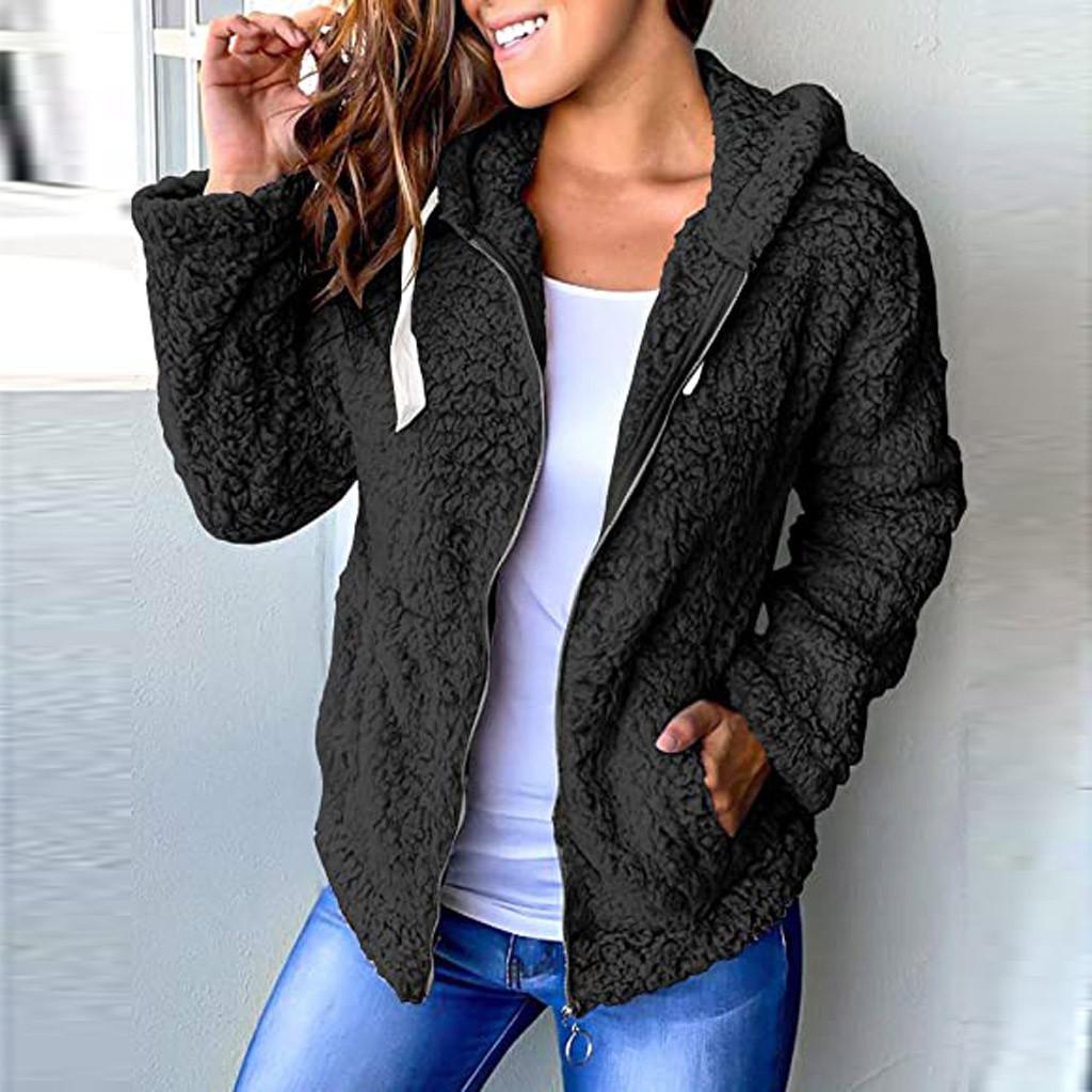 Womens Long Sleeve Jacket Zip Up Hooded Chunky Pockets Coat Tops