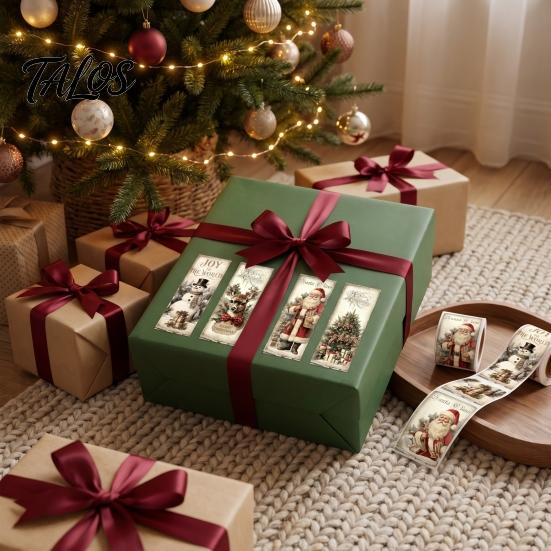 Festive Packaging Seals Christmas Coated Paper Sealing Sticker, Retro Hand-drawn Santa Claus Snowman Elk Holiday Party Table Decor Design, Decorative
