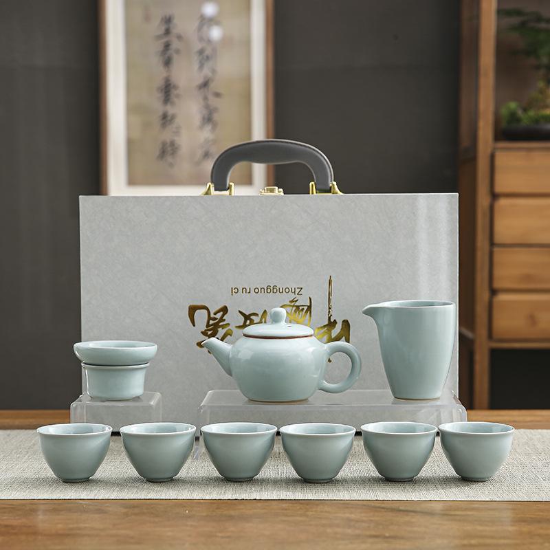 Ru kiln tea set, a full set of household kung fu tea set can be raised, opening film, annual meeting, festivals, business gifts