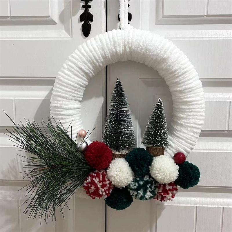 Christmas Wreath Plush Thread Ball Wreath Front Door Xmas Garland Hanging Ornament Navidad New Year Home Windown Decor Pendant