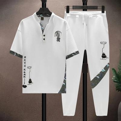 Traje casual de dos piezas de seda de hielo para hombre, pantalones de nueve puntos de verano, camiseta de manga corta bordada, traje deportivo