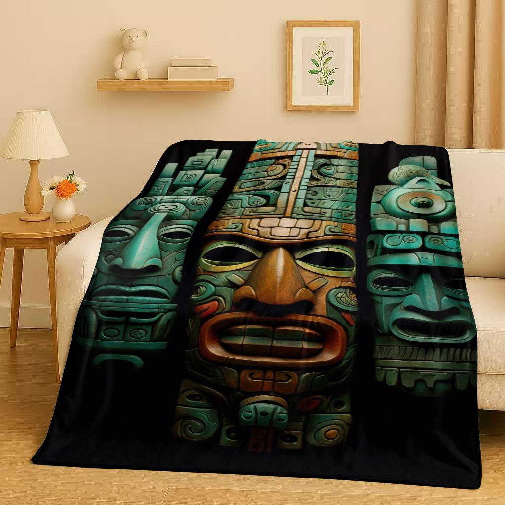 Retro Aztec Totem Maya Mask Sun God Flannel Blanket,Ultra Soft Warm Plush Throw for Home Bedroom Bed Sofa Cover Office Gift Kids